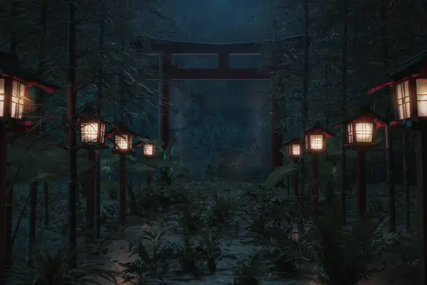 3d rendering of big torii gate surrounded by bamboo trees and japanese wooden lantern