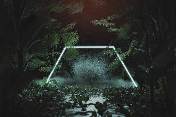 istock 3d rendering of blue lighten hexagon shape with red light beam surrounded by palm leaves 1415357598