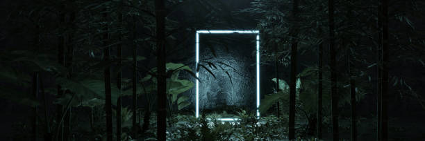 istock 3d rendering of blue lighten square shape surrounded by bamboo trees and jungle environment 1415357623