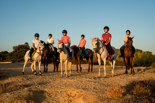 group of 6 young horsemen standing watching the sunset. Horseback riding school