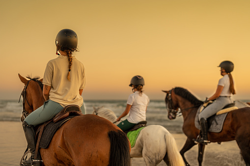 young woman with braid riding a horse on the beach next to 2 young riders. equestrian