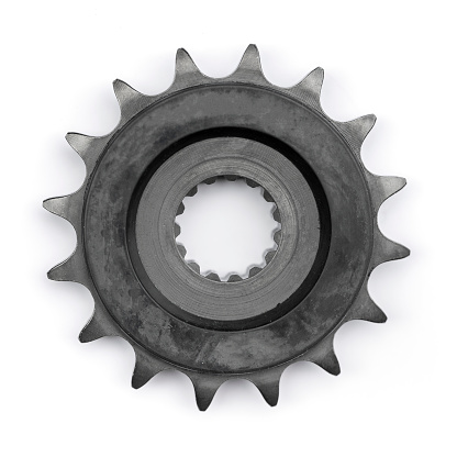 3d rendering of a two metal gears of different size connected to each other on a white background. Gear box parts. Increasing and reduction gear. Machinery parts.