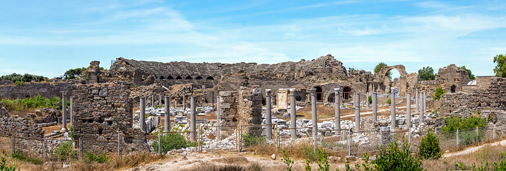 Close up photo of Amphi theatre in Side ancient city in Manavgat, Antalya.