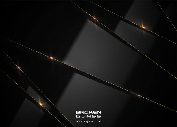 Black glass luxury layered glossy abstract headline background. Vector thin golden line lens flare moulding black broken plastic background with reflection on pieces. Premium label design Black glass luxury layered glossy abstract headline background. Vector thin golden line lens flare moulding black broken plastic background with reflection on pieces. Premium label design. metal molding stock illustrations