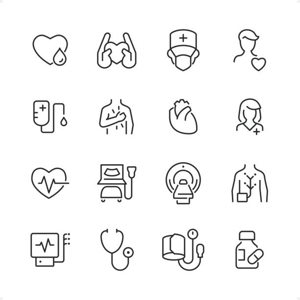 кардиология - pixel идеальный набор иконок линии, редактируемый вес штриха. - pain heart attack heart shape healthcare and medicine stock illustrations