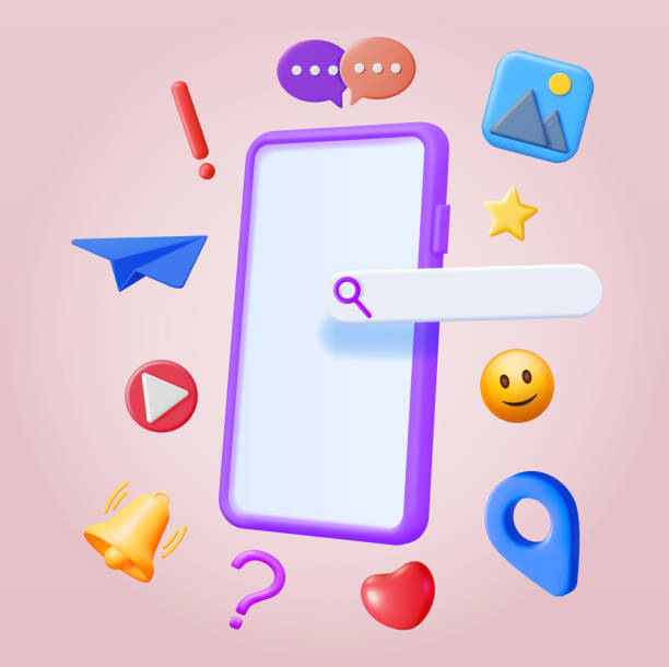 3D Social Media Concept Isolated. 3D Social Media Concept Isolated. Render Smartphone with Colorful Social Network Icon. Chat Bubble, Like Button, Exclamation Question Mark, Location Pin. Online Communication. Vector Illustration cartoon of a searching stock illustrations