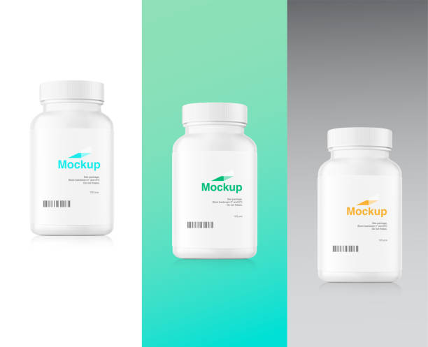 biała etykieta makiety pustych butelek na innym tle. - bottle vitamin pill nutritional supplement white stock illustrations
