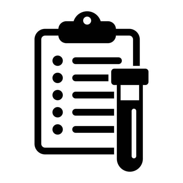 ilustraciones, imágenes clip art, dibujos animados e iconos de stock de icono de resultado del análisis clínico, análisis de sangre de laboratorio, informe de medicamentos, chequeo médico, chequeo de salud. icono vectorial aislado sobre fondo blanco. - laboratorio