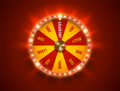 Bright fortune wheel spin mashine. Shiny led bulbs frame, isolated on red background. Casino banner design element or icon. Yellow red sector.