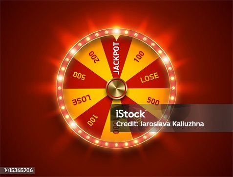istock Bright fortune wheel spin mashine. Shiny led bulbs frame, isolated on red background. Casino banner design element or icon. Yellow red sector 1415365206