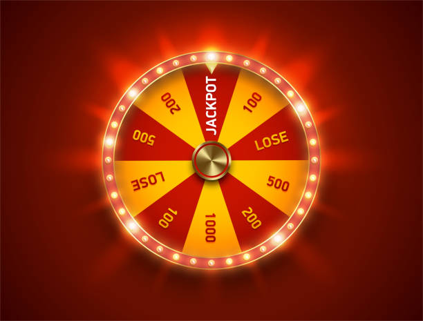 Bright fortune wheel spin mashine. Shiny led bulbs frame, isolated on red background. Casino banner design element or icon. Yellow red sector Bright fortune wheel spin mashine. Shiny led bulbs frame, isolated on red background. Casino banner design element or icon. Yellow red sector. wheel stock illustrations