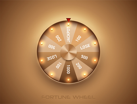 Luxury fortune wheel spin mashine. Cut frame, isolated on golden background. Casino banner design element or icon. Gold sector with led bulb light.