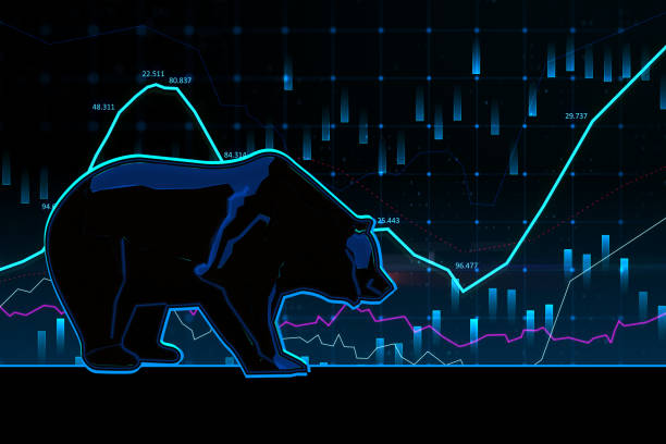 Abstract bearish forex chart on blurry background. Stock market exchange and financial analysis. 3D Rendering. stock photo