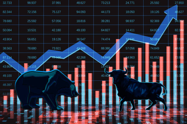 istock Creative abstract bearish and bullish forex chart on blurry background. Stock market exchange and financial analysis. 3D Rendering. 1415366192