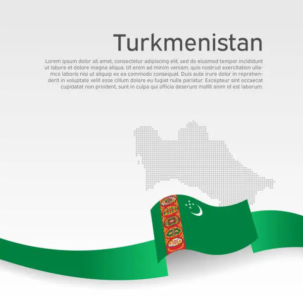 Vector illustration of Turkmenistan flag, mosaic map background. State patriotic turkmen banner, cover. Wavy ribbon color flag of turkmenistan on a white background. National poster. Business booklet. Vector design