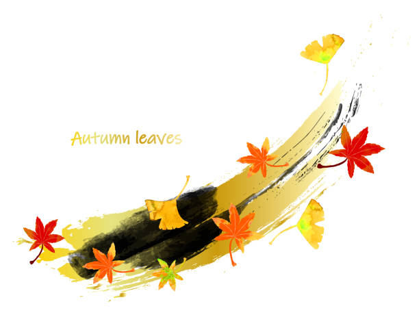水彩画 金色と黒色の線の紅葉 - japanese maple leaf autumn abstract点のイラスト素材／クリップアート素材／マンガ素材／アイコン素材