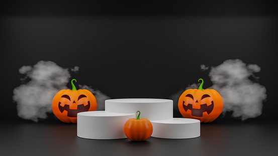 3D Render Halloween Product display stage for presentation. Jack o lantern with stage in the mist on black background
