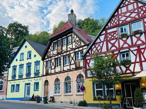Bad Berneck, Germany - August, 10th - 2022: Typical houses in this Kneipp health spa, founded back in the 19th century.