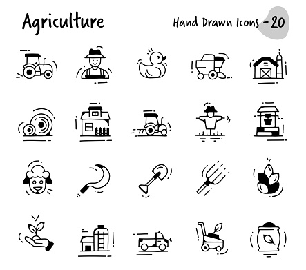 Agriculture Hand Drawn Icons. Doodle And Sketch Elements