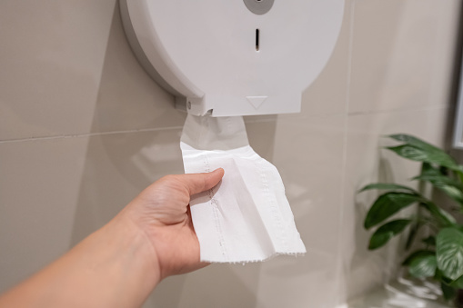 Plumber installing lid on toilet in the bathroom