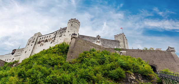 Salzburg, Austria - July 30, 2022: Fortress - Festung Hohensalzburg fortress in the central city of Salzburg, Austria.