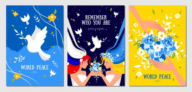 A set of postcards dedicated to Ukraine. World peace. No war A set of postcards dedicated to Ukraine. World peace. No war dove earth globe symbols of peace stock illustrations