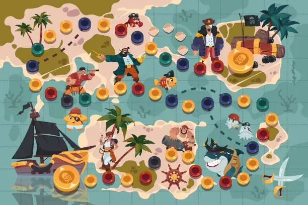 Vector illustration of 2207.m10.i022.n022.S.c15.511936351 Pirate board game. Cute adventure attraction and education cardboard dice game with island in the ocean, pirates treasures and road. Vector illustration