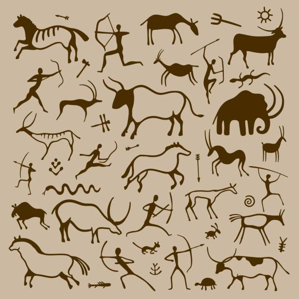 ilustrações de stock, clip art, desenhos animados e ícones de 2207.m10.i015.n009.s.c15.184943720 cave art. hand drawn primitive ancient symbols of prehistoric hunters animals plants and ornaments, history and anthropology drawing. vector isolated set - prehistoric art