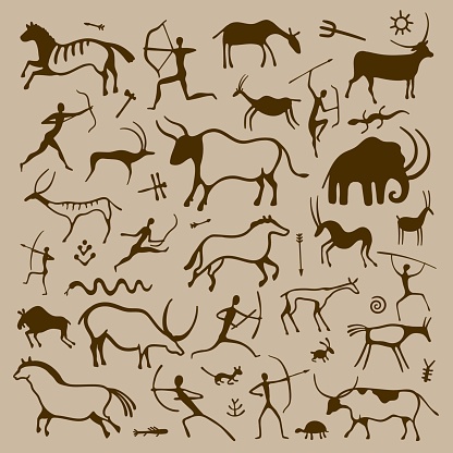 Cave art. Hand drawn primitive ancient symbols of prehistoric hunters animals plants, history and anthropology drawing. Vector isolated set of ethnic history ancient civilization illustration