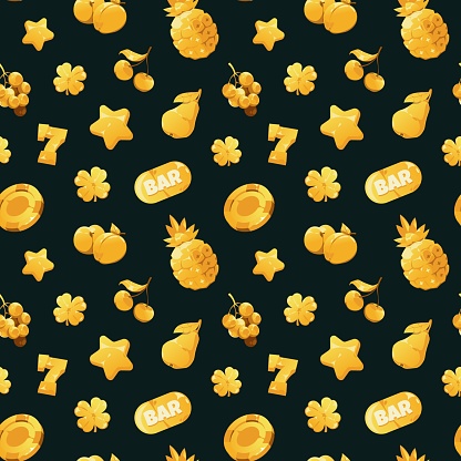 Gold icons slot pattern. Seamless print of gambling symbols for slot machine and online casino web page, shiny fruits money and playing card icons. Vector texture of gambling pattern illustration