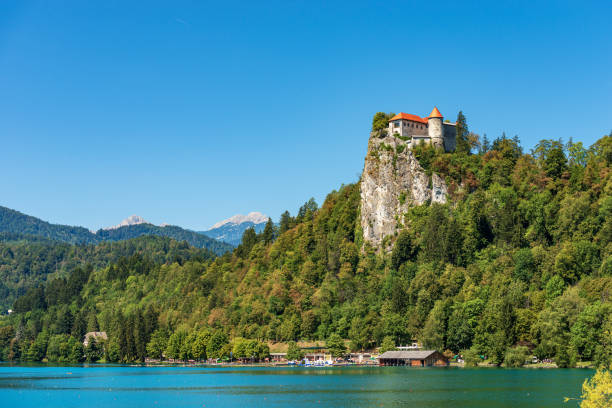 Medieval Bled Castle and the Lake Bled- Julian Alps Slovenia stock photo