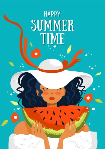 Vector illustration of Summer postcard with a girl in a hat and watermelon. Summer mood illustration. Vector template for card, poster, flyer, banner and other