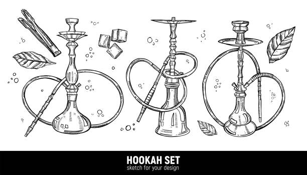 ilustraciones, imágenes clip art, dibujos animados e iconos de stock de juego de cachimba dibujado a mano. hojas de tabaco, varias cachimbas, pinzas de carbón, carbón. bocetos para decoración de locales, menús, publicidad, para estampados en ropa y para diseño de folletos - bar de cachimbas