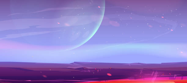 Mars landscape, alien planet desert background Mars landscape, alien planet sunset background, empty purple desert surface and flying cosmic dust. Martian space ground, scenery game backdrop with big sphere in blue sky, cartoon vector illustration alien planet stock illustrations