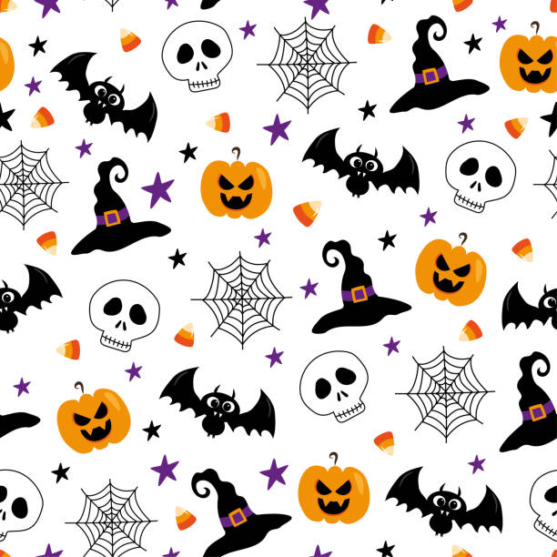 illustrazioni stock, clip art, cartoni animati e icone di tendenza di teschio, pipistrello, zucca, cappello da strega, ragnatela, zucchero mais senza cuciture modello su sfondo whie. buon design per halloween. - halloween candy candy corn backgrounds