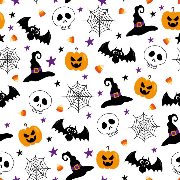 두개골, 박쥐, 호박, 마녀 모자, 거미줄, 사탕 옥수수 whie 배경에 원활한 패턴. 할로윈을위한 행복한 디자인. - halloween candy candy corn backgrounds stock illustrations