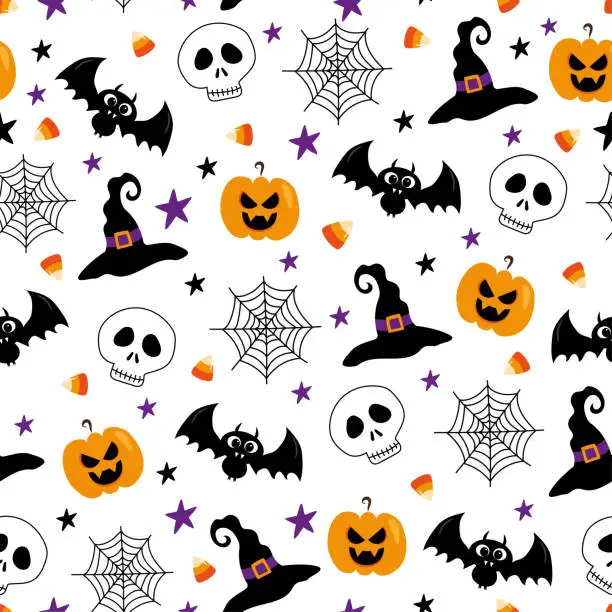 Vector illustration of Skull, bat, pumpkin, witch hat, spider web, candy corn seamless pattern on whie background. Happy design for Halloween.