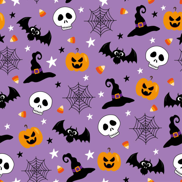 ilustrações, clipart, desenhos animados e ícones de desenho animado halloween padrão perfeito. caveira, morcego, abóbora, chapéu de bruxa. teia de aranha, milho doce no fundo roxo. - spider web halloween corn pumpkin