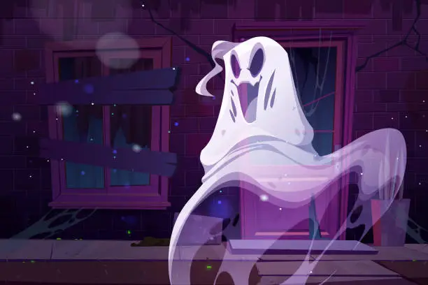 Vector illustration of Spooky ghost at haunted house facade, funny spook