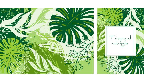 열대 정글 패턴, 손으로 그린 수채화 벡터 그림입니다. 나뭇잎 인쇄. 여름 디자인. 창조적 인 배경. 노트북, 배너, 커버, 벽지, 직물에 대한 디자인. 여름 세일 또는 텍스트 영역 - leaf green backgrounds flower stock illustrations