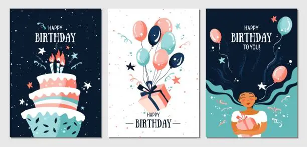 Vector illustration of Set of postcards with a woman, gift, balloons, confetti, cake and candles. Holliday, party, vacation, happy birthday. Vector templates for card, poster, flyer, banner and other