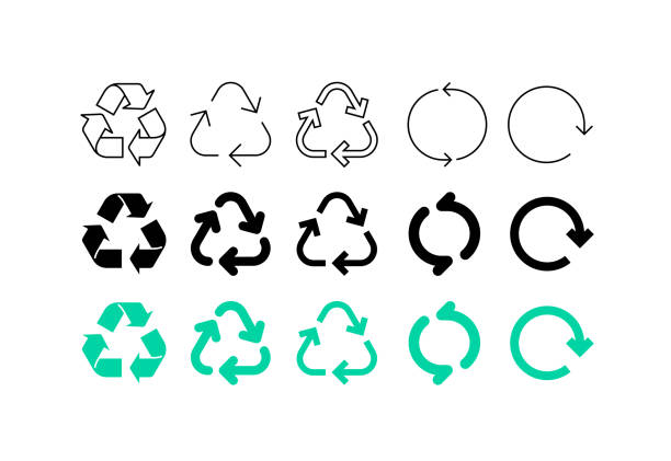 ilustraciones, imágenes clip art, dibujos animados e iconos de stock de conjunto de signos de reciclaje - recycling