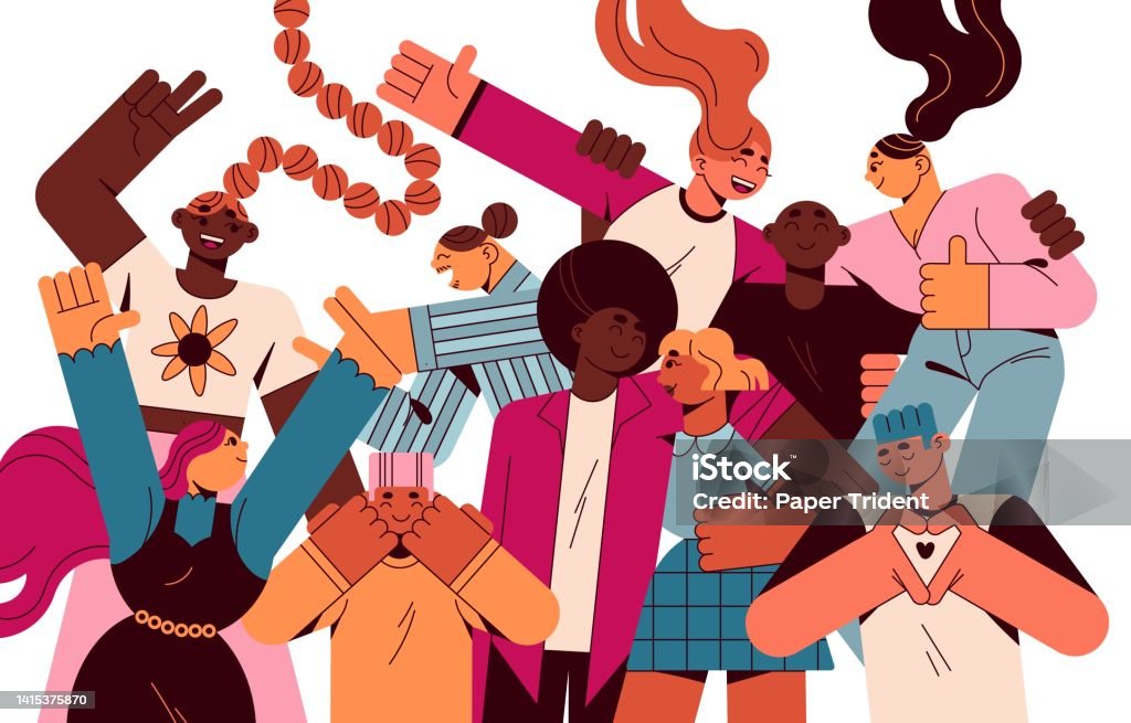 Happy diverse community with different men, women characters. Group of multiethnic young people smiling, supporting, loving. Youth team portrait. Flat vector illustration isolated on white background Happy diverse community with different men, women characters. Group of multiethnic young people smiling, supporting, loving. Youth team portrait. Flat vector illustration isolated on white background. Abstract stock vector