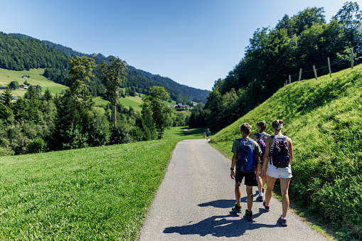 Family is hiking in the Alps - Vorarlberg, Austria. They are walking on the road in the idyllic Austrian countryside.\nCanon R5