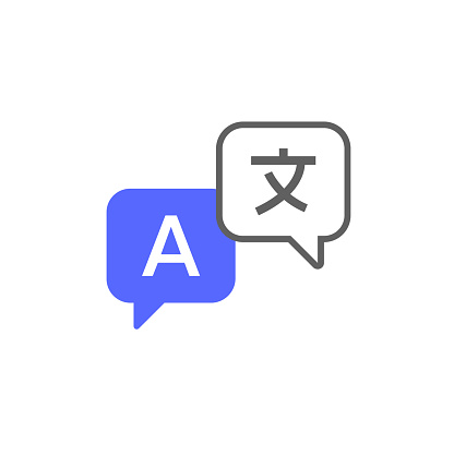 Chat bubbles with language translation icons isolated on white background. Logo for translator app. Online language translator. Vector stock