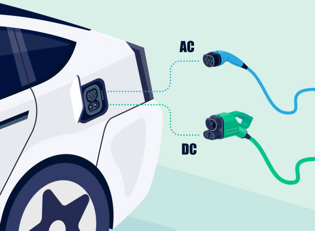 Electric car with opened charger socket connector with ac of dc charging. vector art illustration