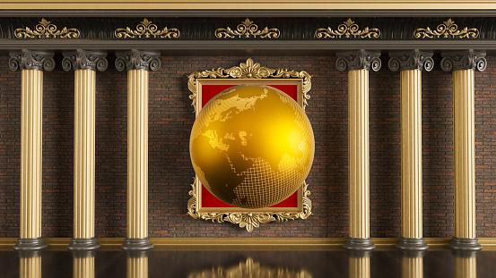 Golden earth globe on classic columns background, gold globe on red and gold frame, 3D render