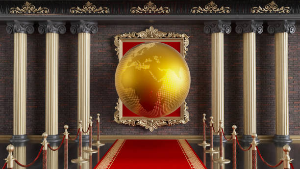 istock Golden earth globe on classic columns background, gold globe on red and gold frame with red carpet and , 1415383117