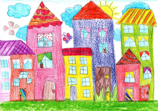 家族の家の子供の絵。子供っぽいスタイルの鉛筆画 - child art childs drawing painted image点のイラスト素材／クリップアート素材／マンガ素材／アイコン素材