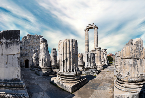 wide angle photo of temple of apollo in didyma ancient city. Historical tourism concept.